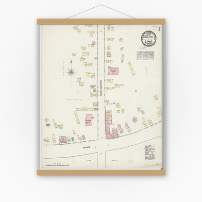 Old map wall art mockup — magnetic wood frame on white wall — Sanborn Fire Insurance Map from Lima, Livingston County, New York (1884), Sheet #0001