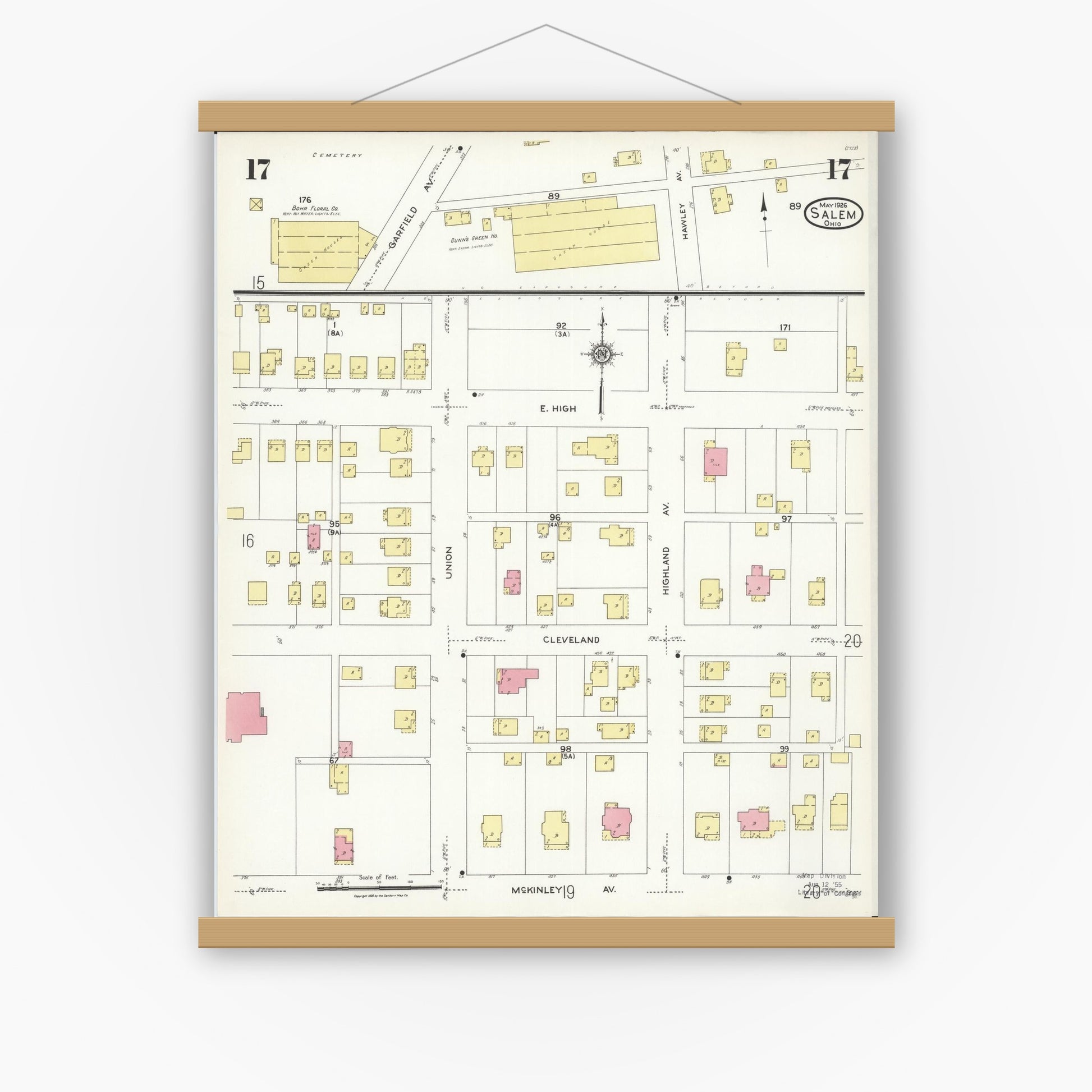 Old map wall art mockup — magnetic wood frame on white wall — Sanborn Fire Insurance Map from Salem, Columbiana County, Ohio (1926), Sheet #0017