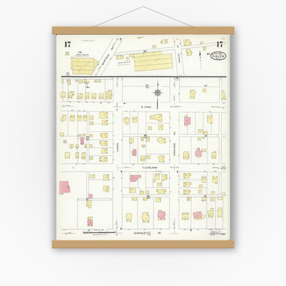 Old map wall art mockup — magnetic wood frame on white wall — Sanborn Fire Insurance Map from Salem, Columbiana County, Ohio (1926), Sheet #0017