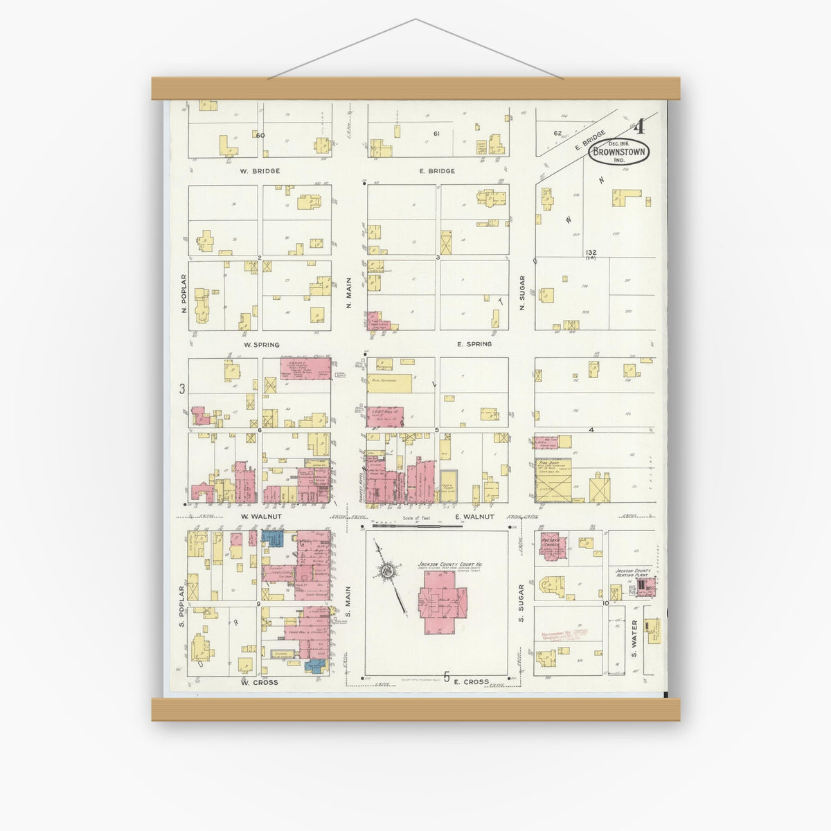 Old map wall art mockup — magnetic wood frame on white wall — Sanborn Fire Insurance Map from Brownstown, Jackson County, Indiana (1916), Sheet #0004