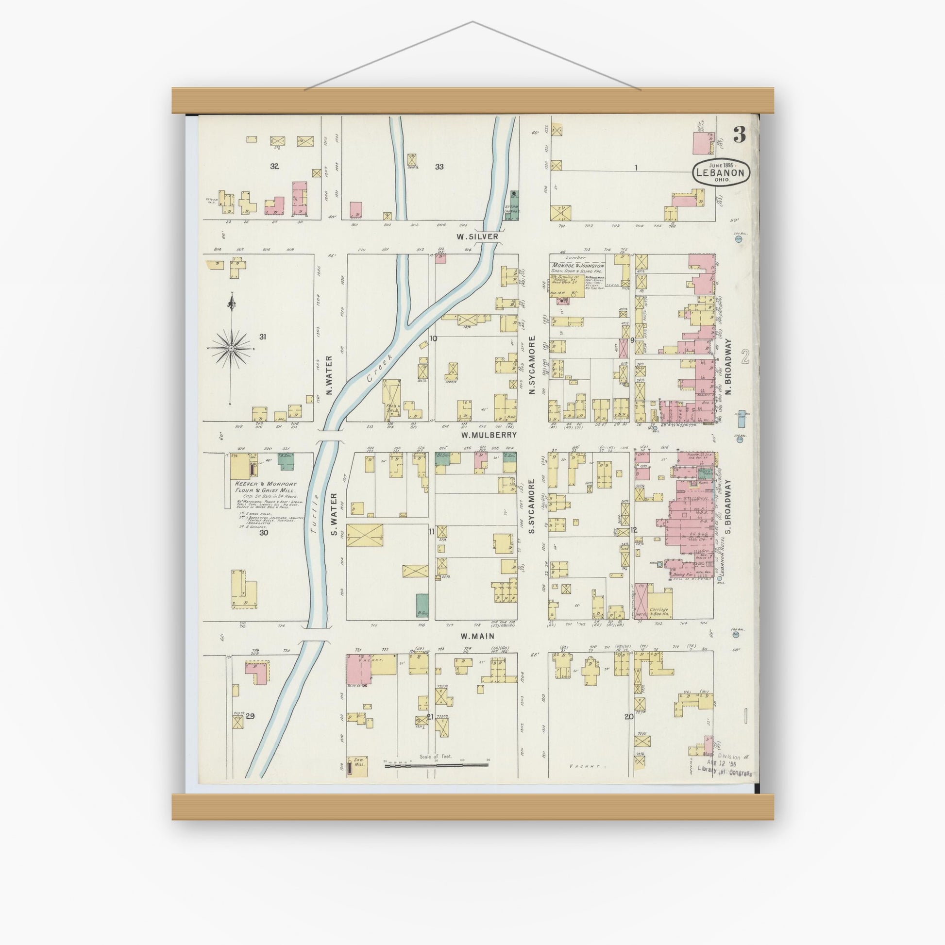 Old map wall art mockup — magnetic wood frame on white wall — Sanborn Fire Insurance Map from Lebanon, Warren County, Ohio (1895), Sheet #0003