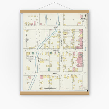 Old map wall art mockup — magnetic wood frame on white wall — Sanborn Fire Insurance Map from Lebanon, Warren County, Ohio (1895), Sheet #0003