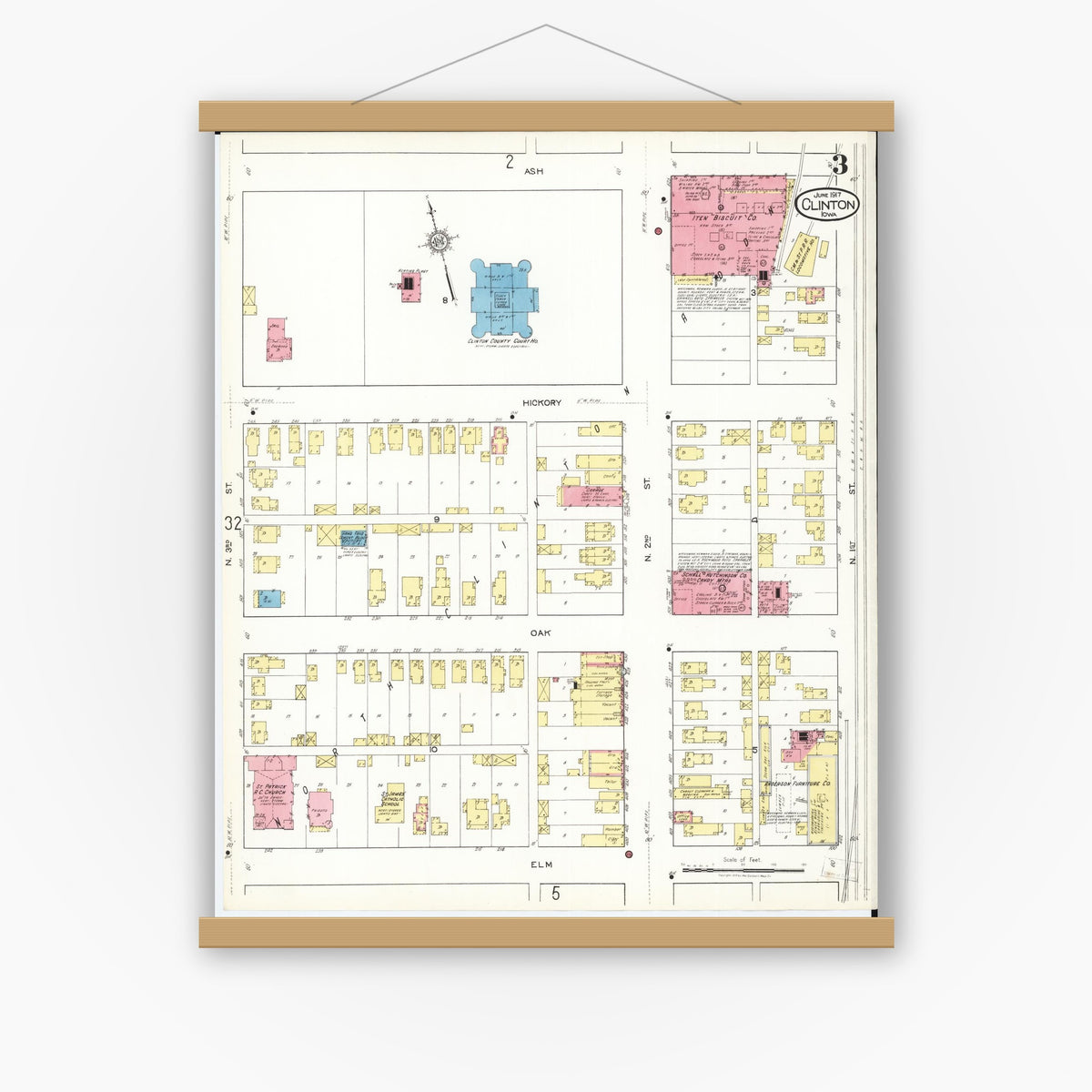 Old map wall art mockup — magnetic wood frame on white wall — Sanborn Fire Insurance Map from Clinton, Clinton County, Iowa (1917), Sheet #0003