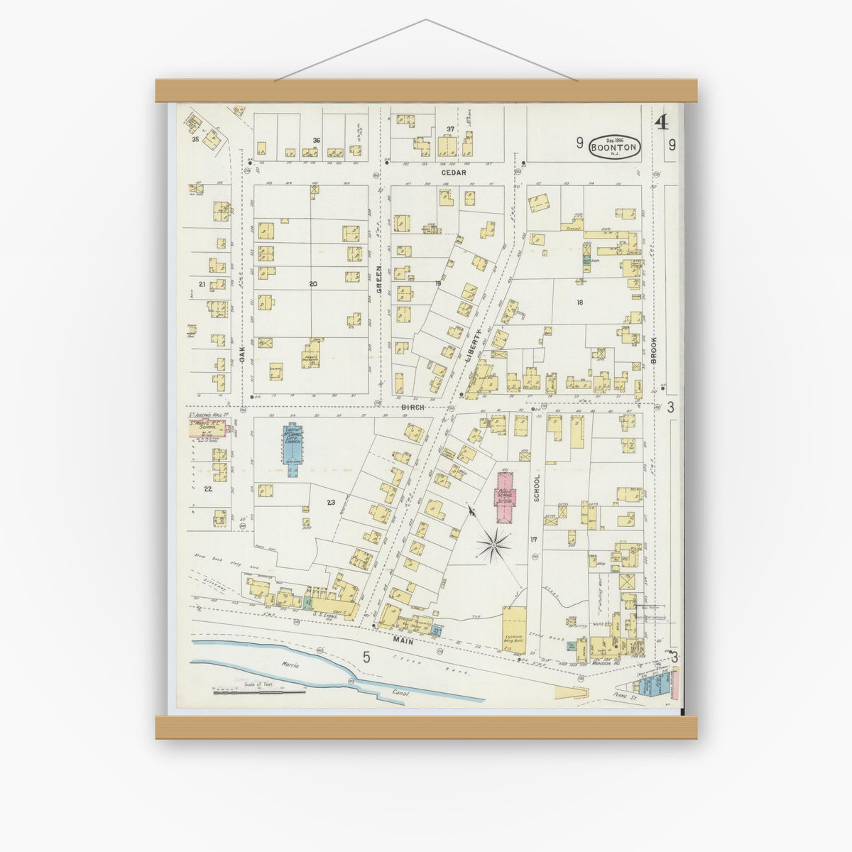 Old map wall art mockup — magnetic wood frame on white wall — Sanborn Fire Insurance Map from Boonton, Morris County, New Jersey (1896), Sheet #0004