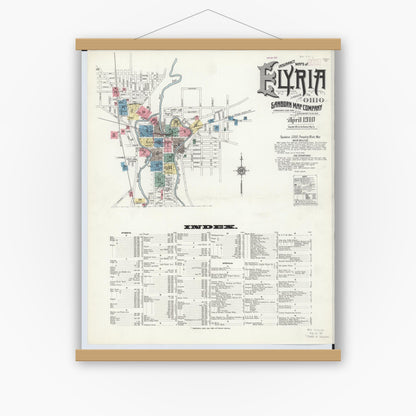 Old map wall art mockup — magnetic wood frame on white wall — Sanborn Fire Insurance Map from Elyria, Lorain County, Ohio (1910), Sheet #0001