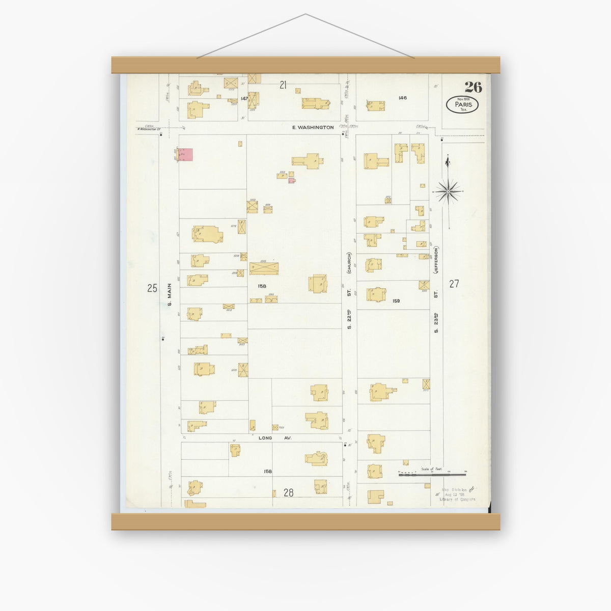 Old map wall art mockup — magnetic wood frame on white wall — Sanborn Fire Insurance Map from Paris, Lamar County, Texas (1908), Sheet #0026