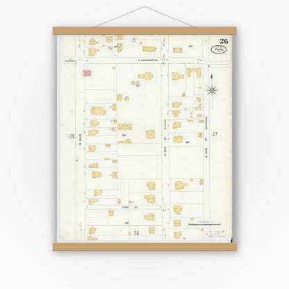 Old map wall art mockup — magnetic wood frame on white wall — Sanborn Fire Insurance Map from Paris, Lamar County, Texas (1908), Sheet #0026
