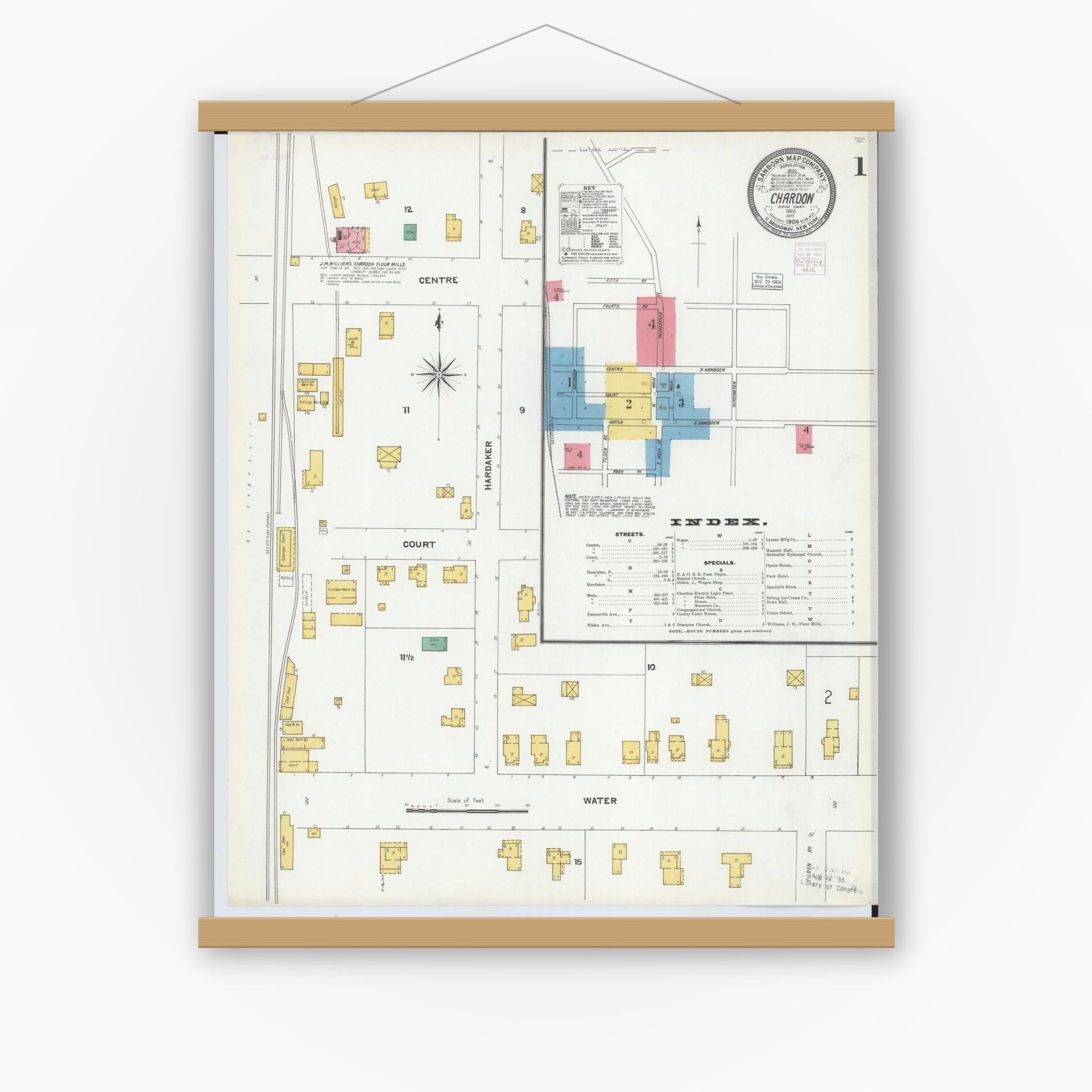 Old map wall art mockup — magnetic wood frame on white wall — Sanborn Fire Insurance Map from Chardon, Geauga County, Ohio (1904), Sheet #0001