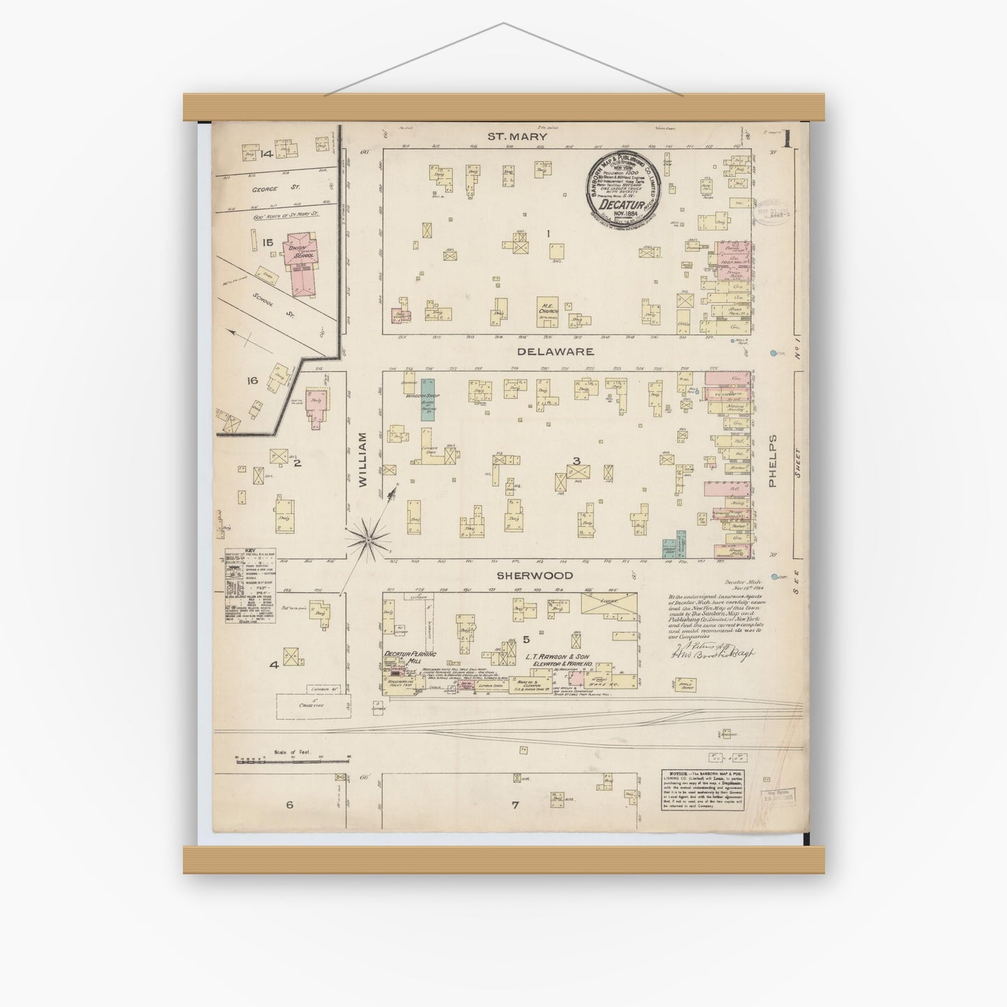 Old map wall art mockup — magnetic wood frame on white wall — Sanborn Fire Insurance Map from Decatur, Van Buren County, Michigan (1884), Sheet #0001