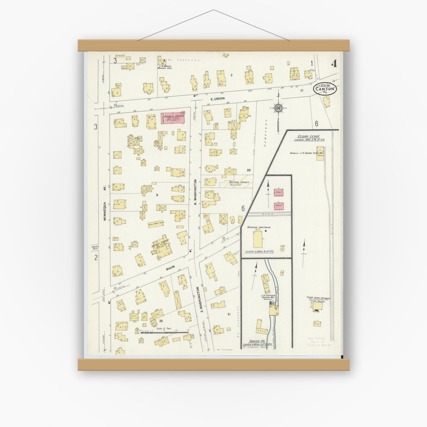 Old map wall art mockup — magnetic wood frame on white wall — Sanborn Fire Insurance Map from Canton, Bradford County, Pennsylvania (1911), Sheet #0004