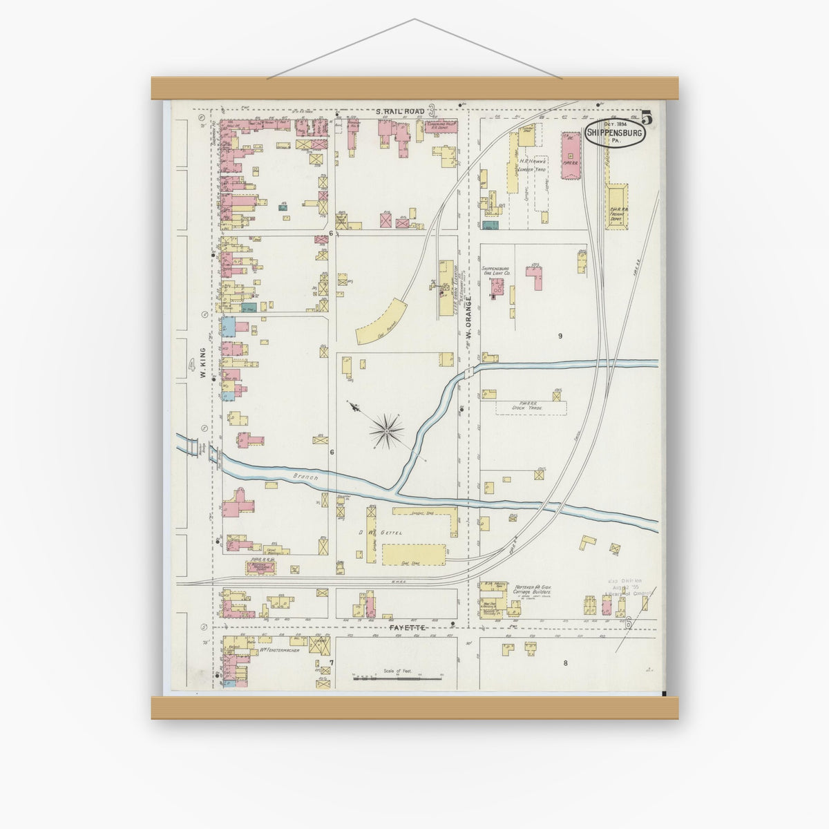 Old map wall art mockup — magnetic wood frame on white wall — Sanborn Fire Insurance Map from Shippensburg, Cumberland And Franklin Counties, Pennsylvania (1894), Sheet #0005