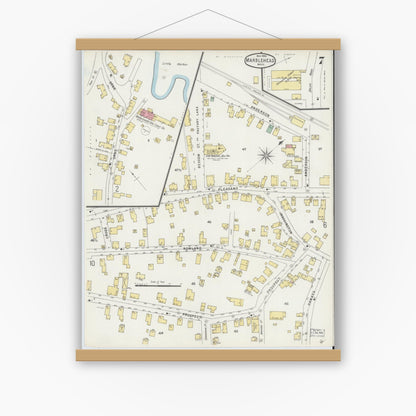 Old map wall art mockup — magnetic wood frame on white wall — Sanborn Fire Insurance Map from Marblehead, Essex County, Massachusetts (1896), Sheet #0007