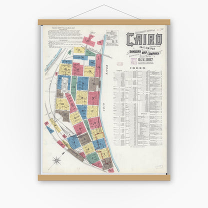 Old map wall art mockup — magnetic wood frame on white wall — Sanborn Fire Insurance Map from Cairo, Alexander County, Illinois (1907), Sheet #0001