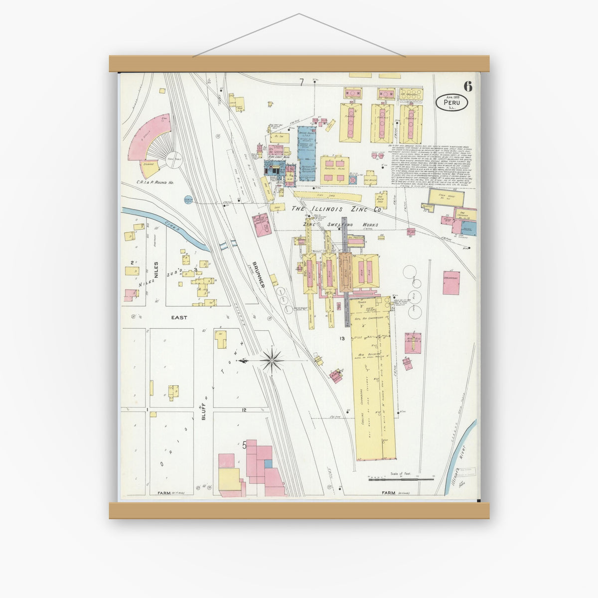 Old map wall art mockup — magnetic wood frame on white wall — Sanborn Fire Insurance Map from Peru, La Salle County, Illinois (1909), Sheet #0006