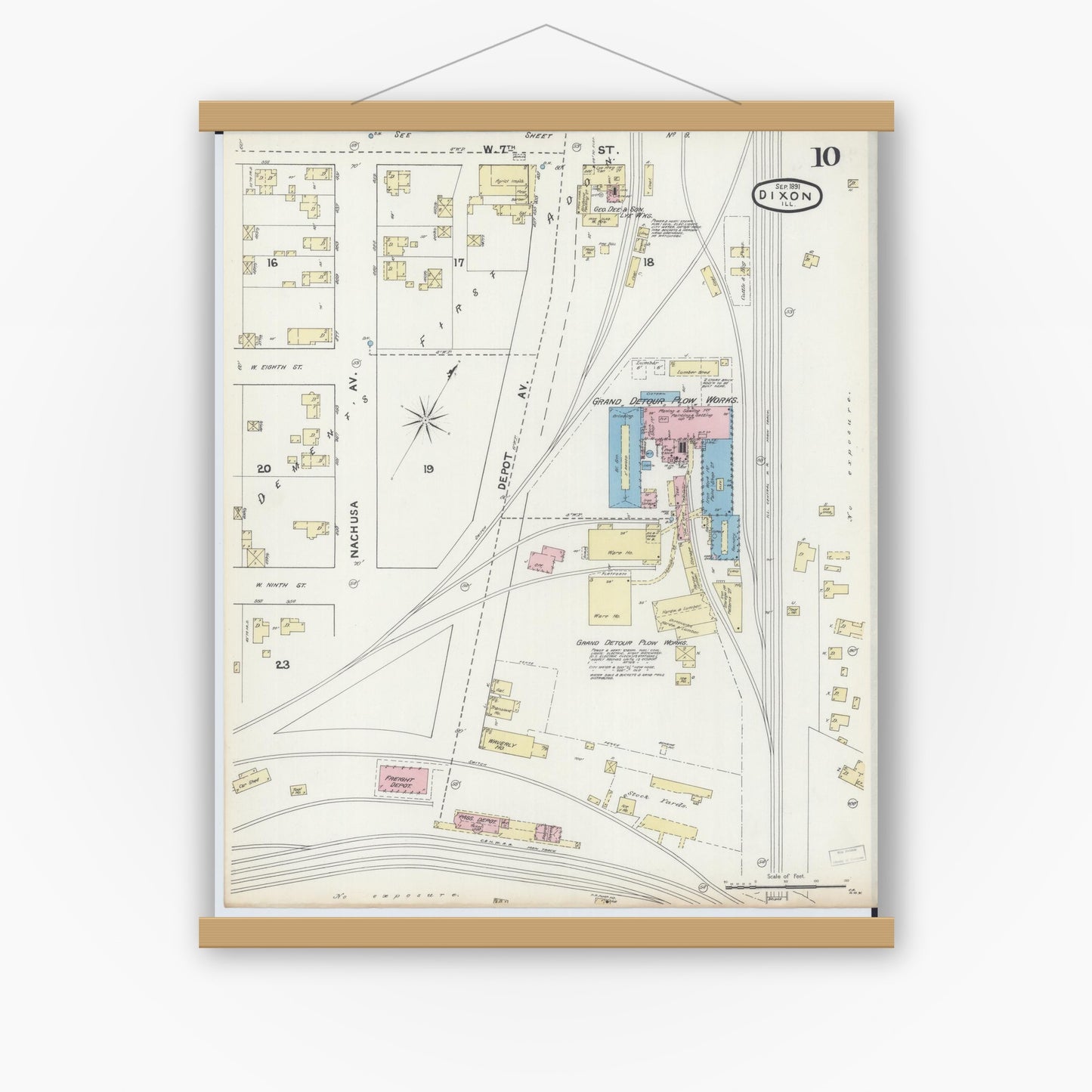 Old map wall art mockup — magnetic wood frame on white wall — Sanborn Fire Insurance Map from Dixon, Lee County, Illinois (1891), Sheet #0010