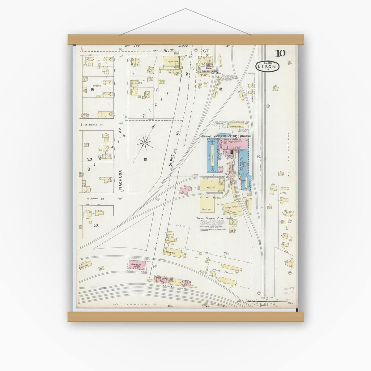 Old map wall art mockup — magnetic wood frame on white wall — Sanborn Fire Insurance Map from Dixon, Lee County, Illinois (1891), Sheet #0010