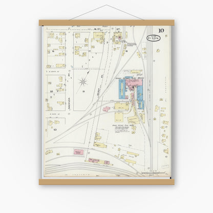 Old map wall art mockup — magnetic wood frame on white wall — Sanborn Fire Insurance Map from Dixon, Lee County, Illinois (1891), Sheet #0010