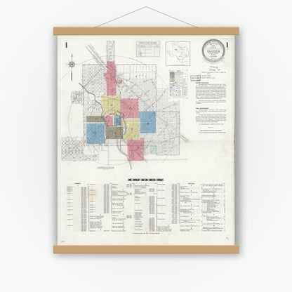 Old map wall art mockup — magnetic wood frame on white wall — Sanborn Fire Insurance Map from Snyder, Scurry County, Texas (1936), Sheet #0001