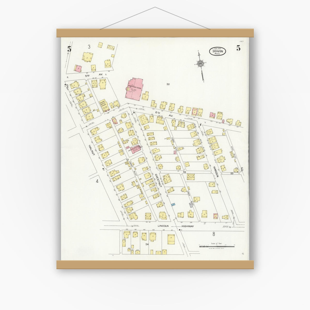 Old map wall art mockup — magnetic wood frame on white wall — Sanborn Fire Insurance Map from Irwin, Westmoreland County, Pennsylvania (1925), Sheet #0005