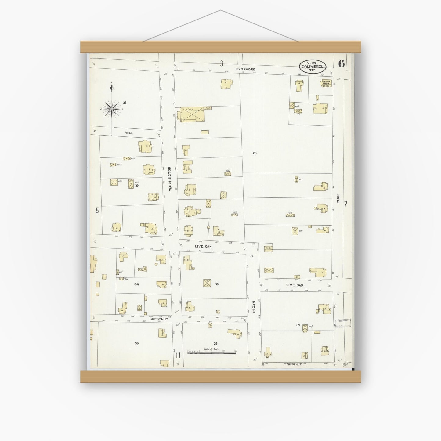 Old map wall art mockup — magnetic wood frame on white wall — Sanborn Fire Insurance Map from Commerce, Hunt County, Texas (1906), Sheet #0006