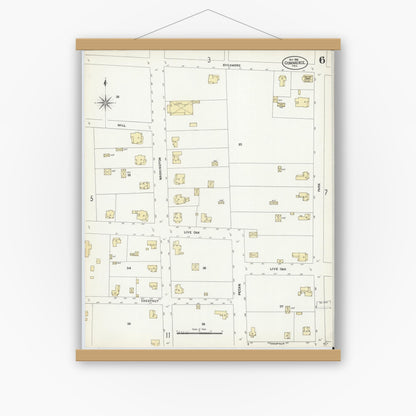 Old map wall art mockup — magnetic wood frame on white wall — Sanborn Fire Insurance Map from Commerce, Hunt County, Texas (1906), Sheet #0006