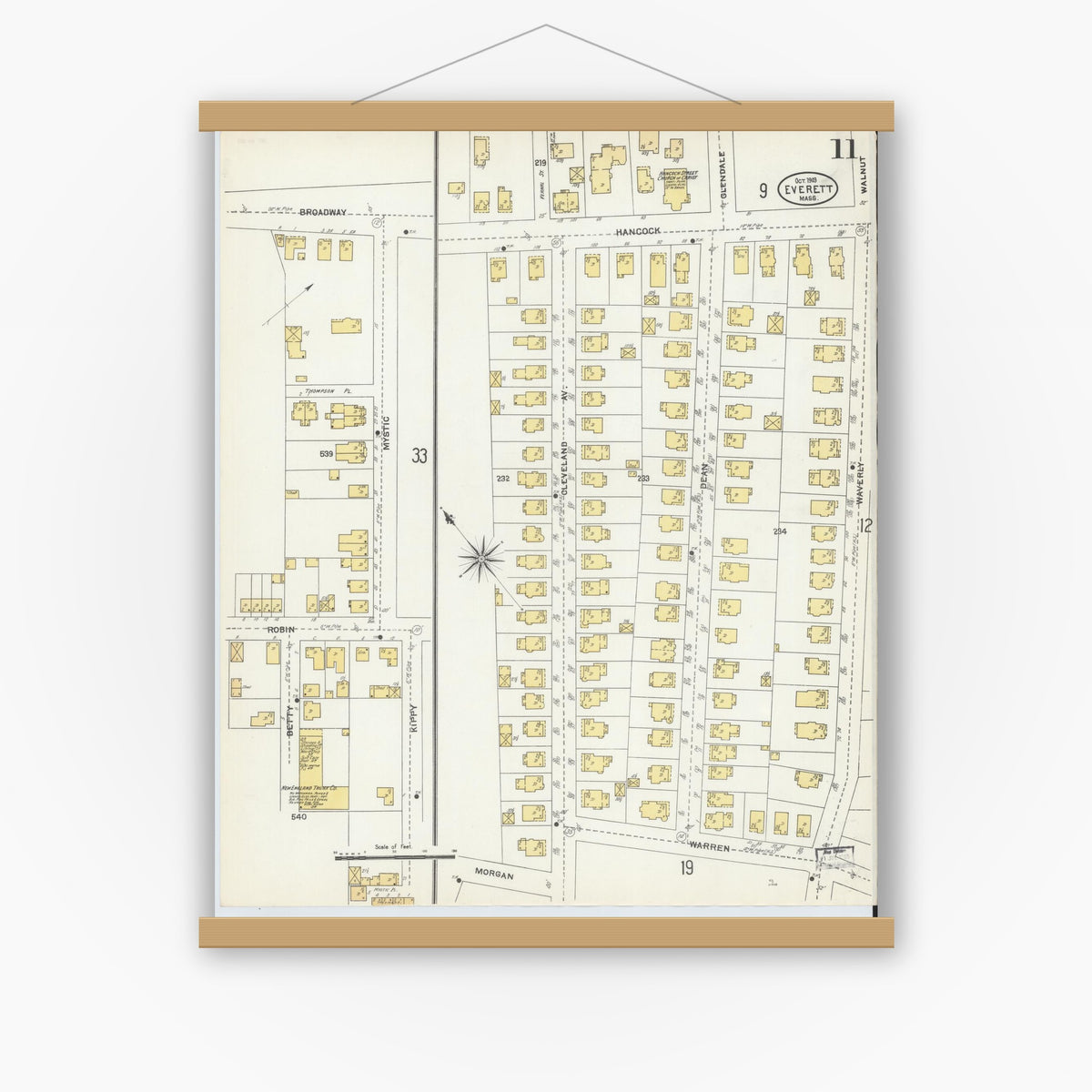 Old map wall art mockup — magnetic wood frame on white wall — Sanborn Fire Insurance Map from Everett, Middlesex County, Massachusetts (1903), Sheet #0011
