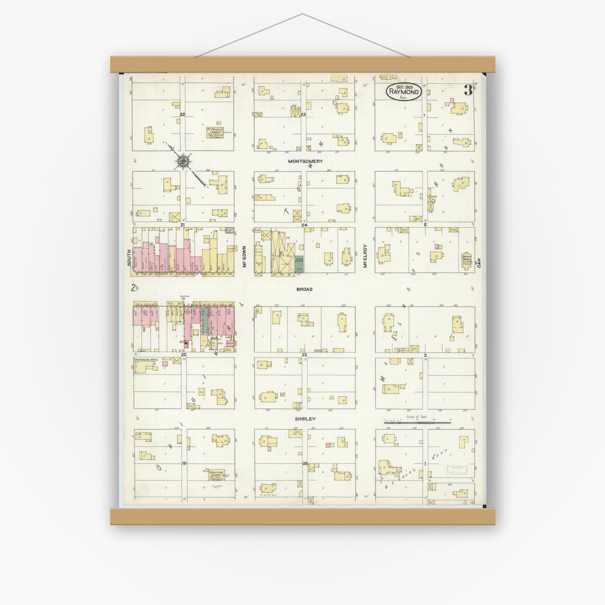 Old map wall art mockup — magnetic wood frame on white wall — Sanborn Fire Insurance Map from Raymond, Montgomery County, Illinois (1909), Sheet #0003