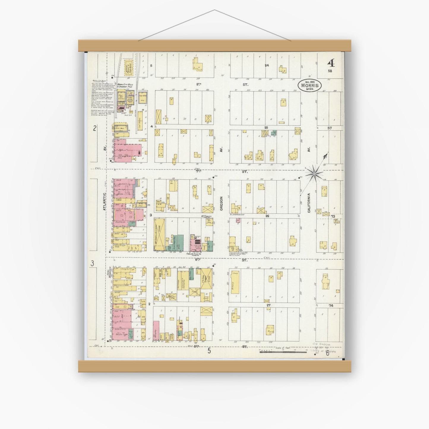 Old map wall art mockup — magnetic wood frame on white wall — Sanborn Fire Insurance Map from Morris, Stevens County, Minnesota (1902), Sheet #0004