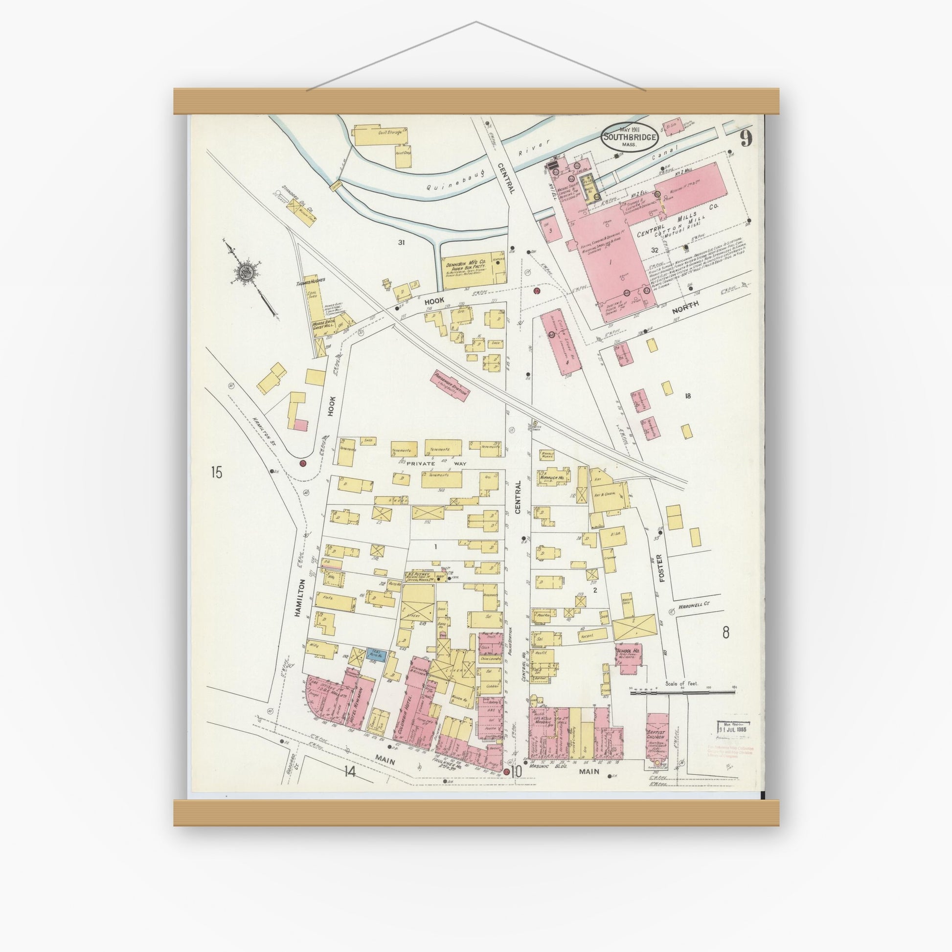 Old map wall art mockup — magnetic wood frame on white wall — Sanborn Fire Insurance Map from Southbridge, Worcester County, Massachusetts (1911), Sheet #0009