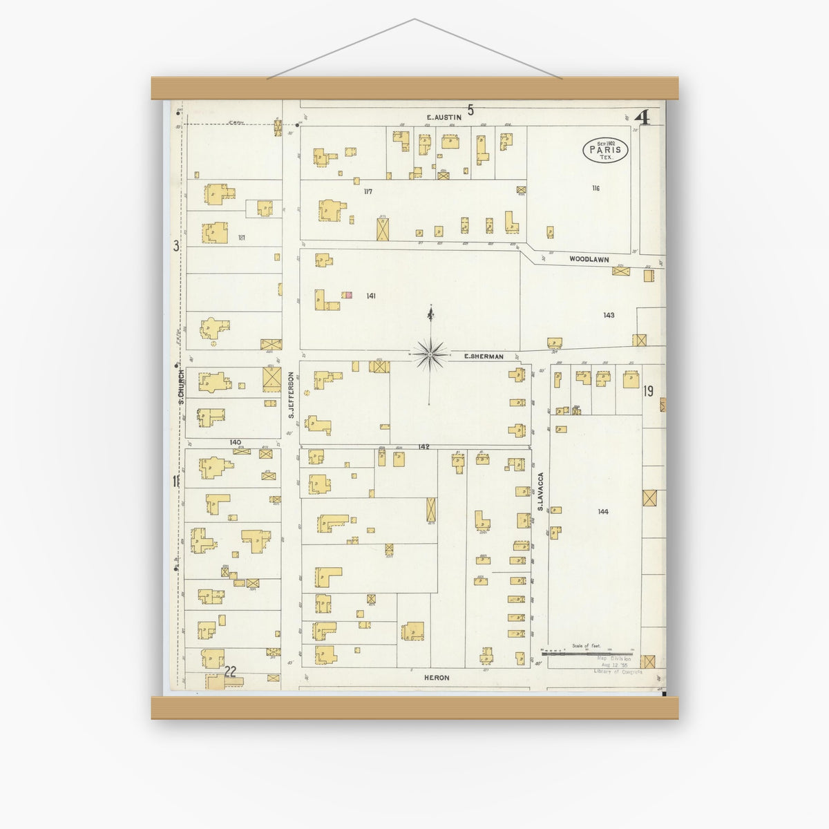 Old map wall art mockup — magnetic wood frame on white wall — Sanborn Fire Insurance Map from Paris, Lamar County, Texas (1902), Sheet #0004