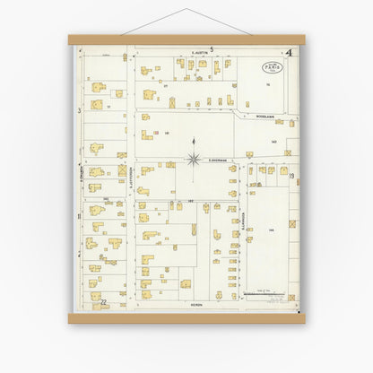 Old map wall art mockup — magnetic wood frame on white wall — Sanborn Fire Insurance Map from Paris, Lamar County, Texas (1902), Sheet #0004