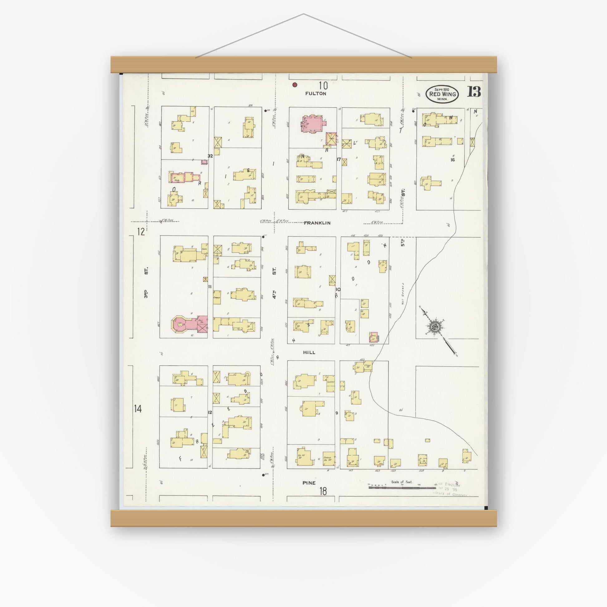 Old map wall art mockup — magnetic wood frame on white wall — Sanborn Fire Insurance Map from Red Wing, Goodhue County, Minnesota (1910), Sheet #0013