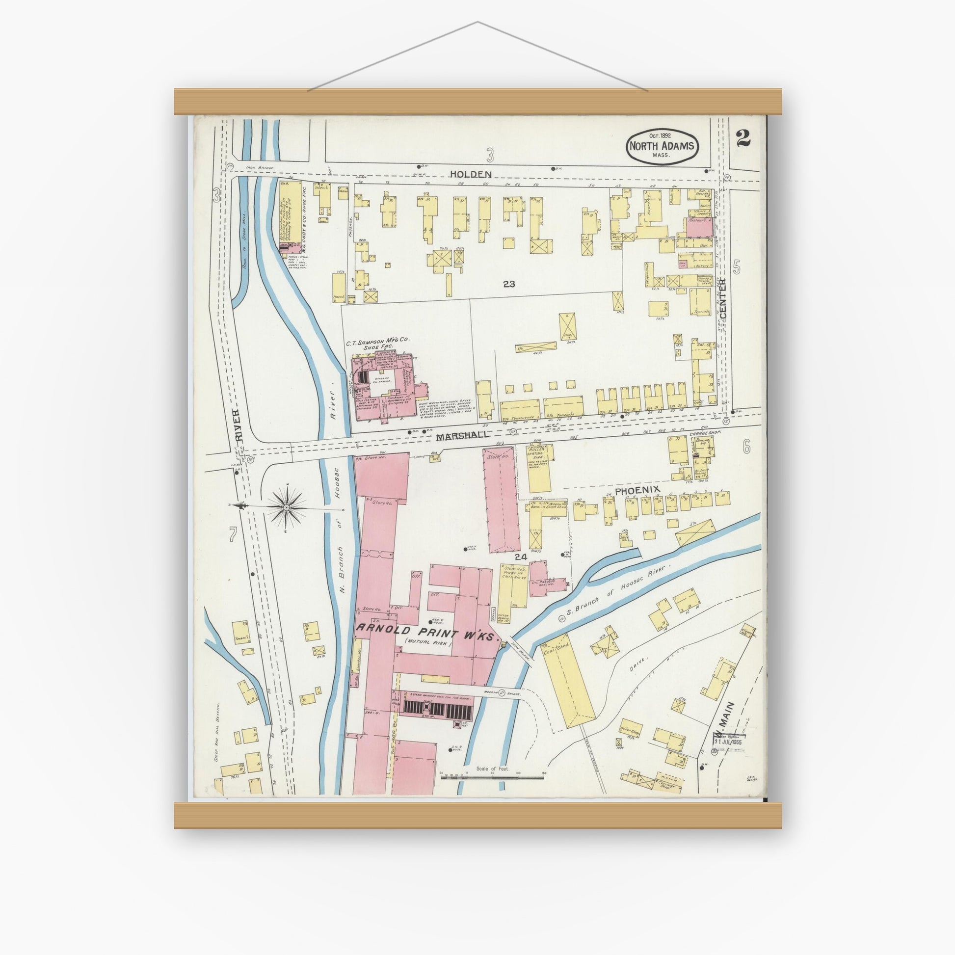Old map wall art mockup — magnetic wood frame on white wall — Sanborn Fire Insurance Map from North Adams, Berkshire County, Massachusetts (1892), Sheet #0002
