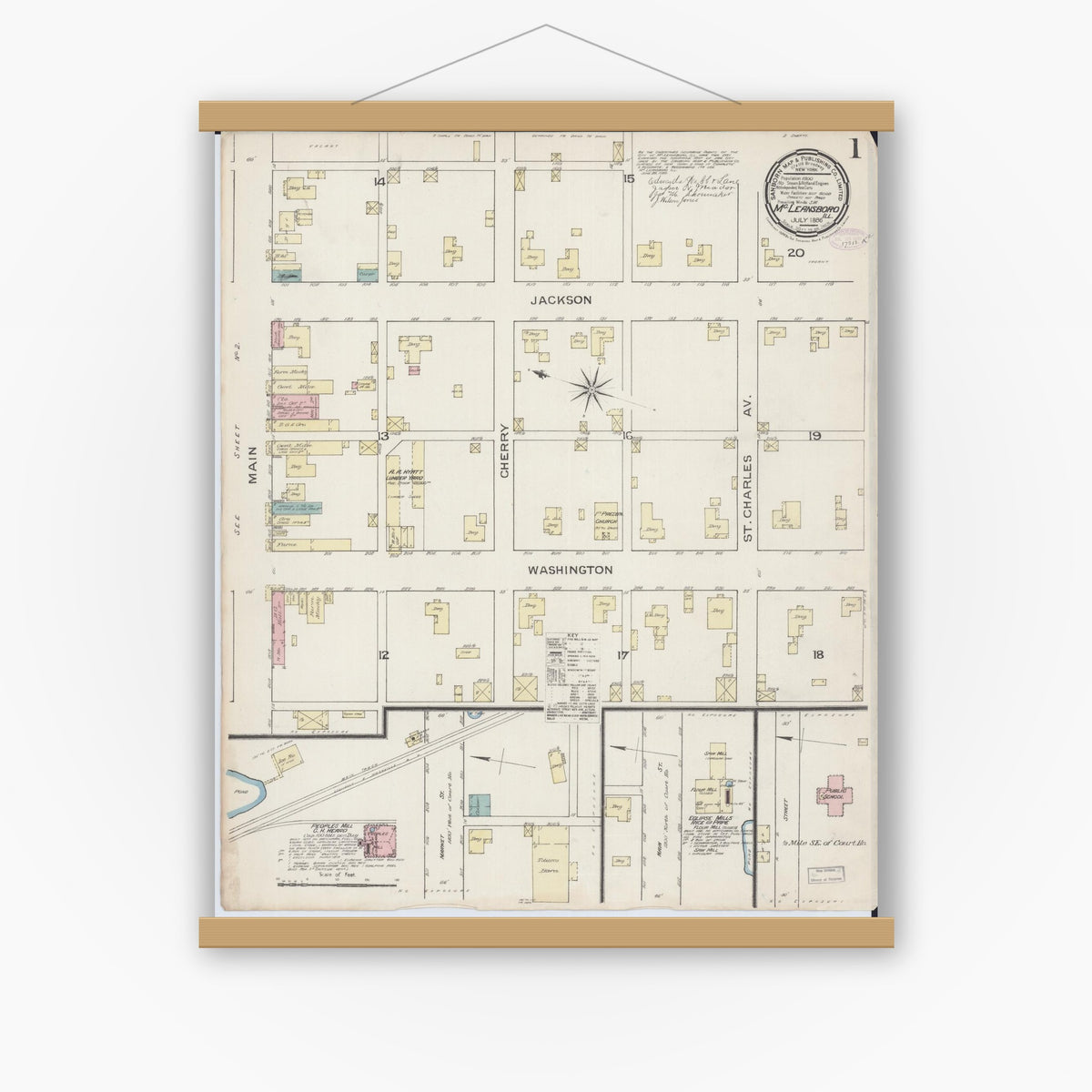Old map wall art mockup — magnetic wood frame on white wall — Sanborn Fire Insurance Map from Mcleansboro, Hamilton County, Illinois (1886) - Complete Map Set