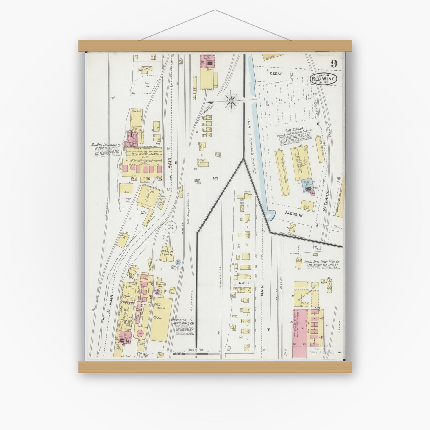 Old map wall art mockup — magnetic wood frame on white wall — Sanborn Fire Insurance Map from Red Wing, Goodhue County, Minnesota (1895), Sheet #0009