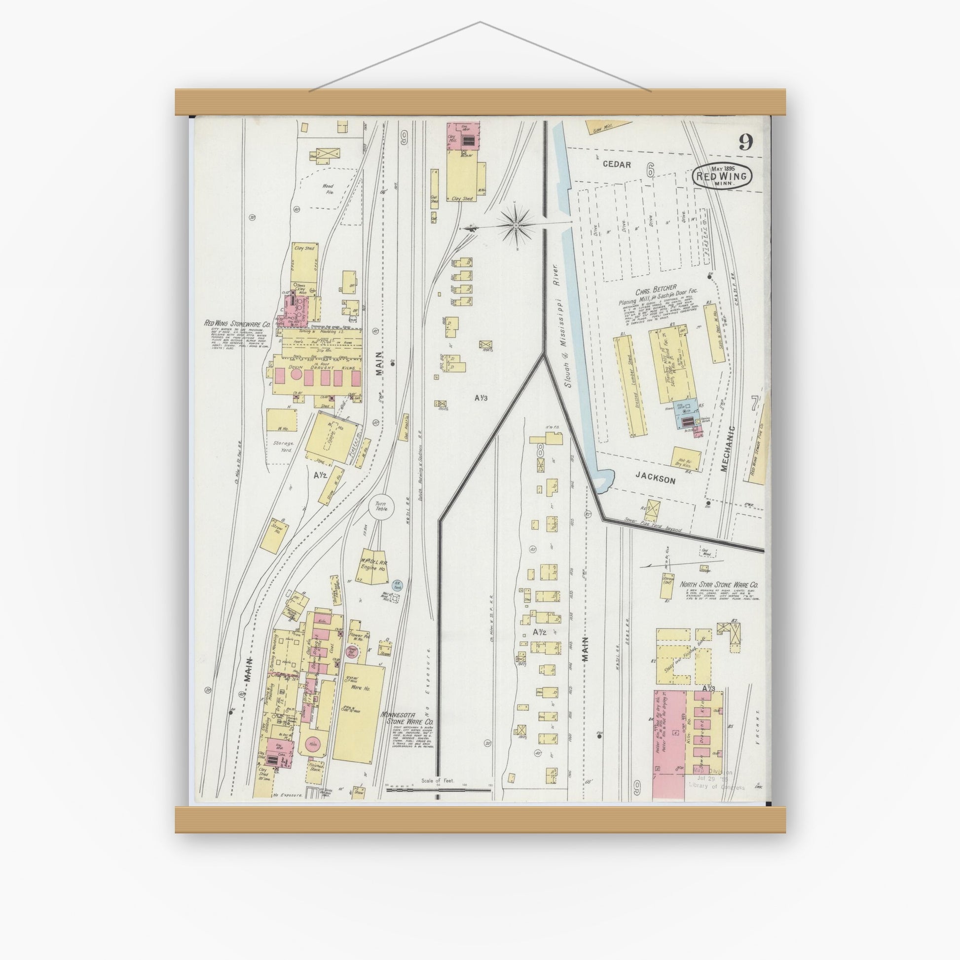 Old map wall art mockup — magnetic wood frame on white wall — Sanborn Fire Insurance Map from Red Wing, Goodhue County, Minnesota (1895), Sheet #0009