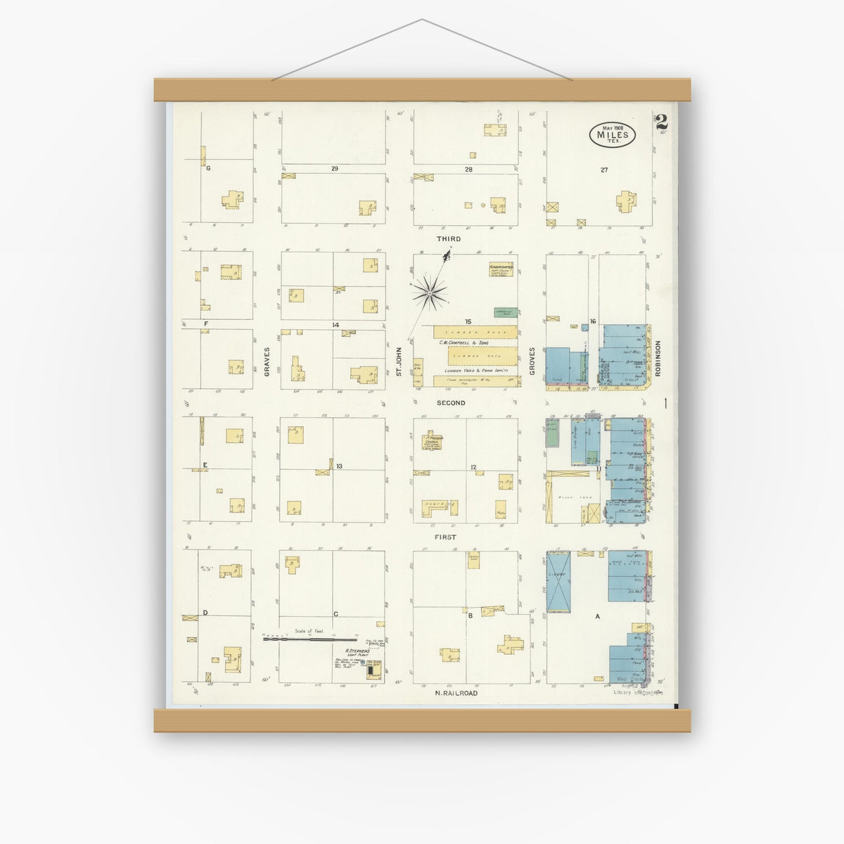 Old map wall art mockup — magnetic wood frame on white wall — Sanborn Fire Insurance Map from Miles, Runnels County, Texas (1908), Sheet #0002