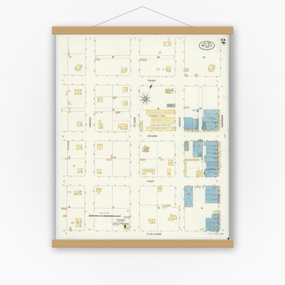 Old map wall art mockup — magnetic wood frame on white wall — Sanborn Fire Insurance Map from Miles, Runnels County, Texas (1908), Sheet #0002