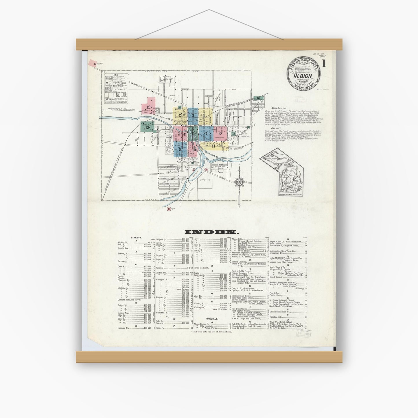 Old map wall art mockup — magnetic wood frame on white wall — Sanborn Fire Insurance Map from Albion, Calhoun County, Michigan (1913), Sheet #0001