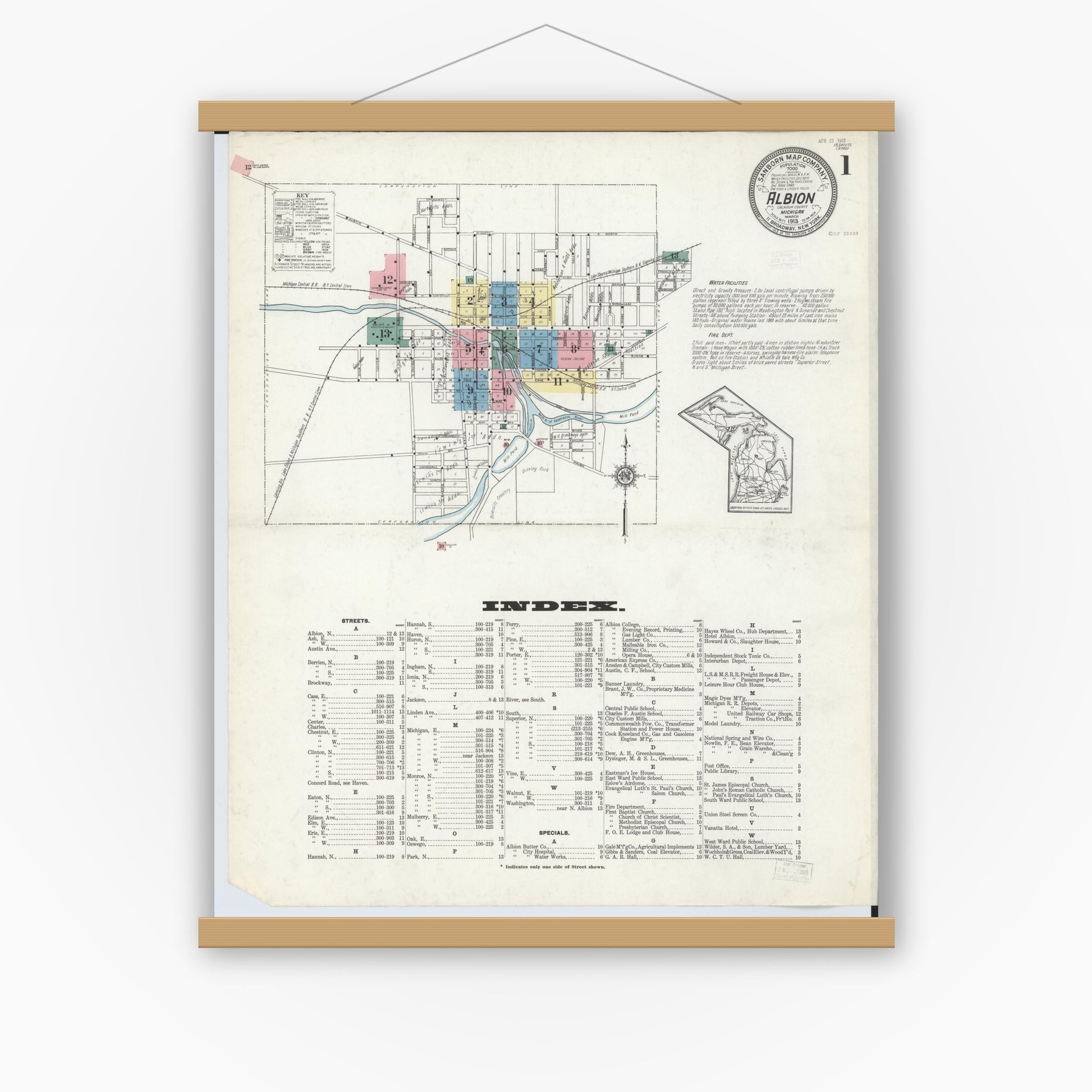 Old map wall art mockup — magnetic wood frame on white wall — Sanborn Fire Insurance Map from Albion, Calhoun County, Michigan (1913), Sheet #0001