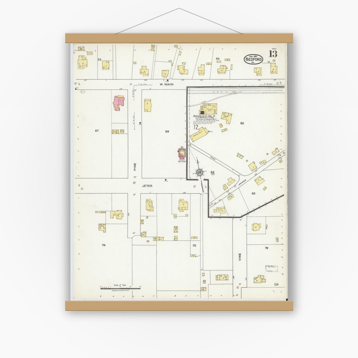 Old map wall art mockup — magnetic wood frame on white wall — Sanborn Fire Insurance Map from Bedford, Independent Cities, Virginia (1921), Sheet #0013