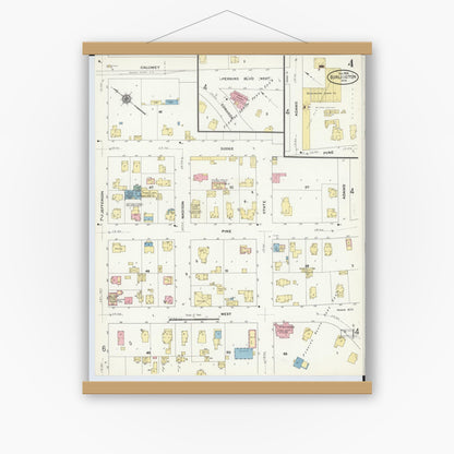 Old map wall art mockup — magnetic wood frame on white wall — Sanborn Fire Insurance Map from Burlington, Racine County, Wisconsin (1909), Sheet #0004