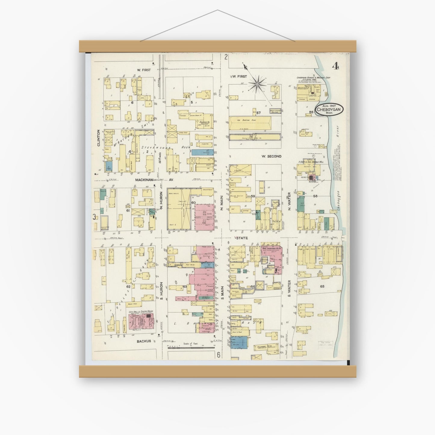 Old map wall art mockup — magnetic wood frame on white wall — Sanborn Fire Insurance Map from Cheboygan, Cheboygan County, Michigan (1907), Sheet #0004