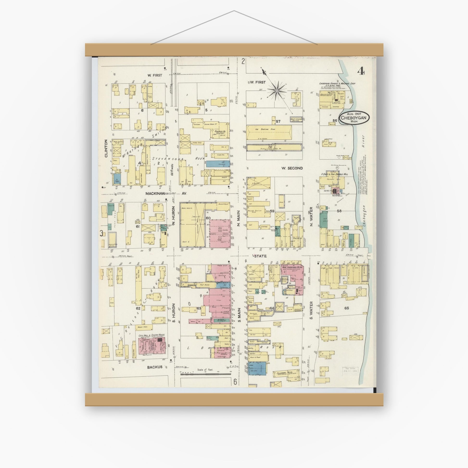 Old map wall art mockup — magnetic wood frame on white wall — Sanborn Fire Insurance Map from Cheboygan, Cheboygan County, Michigan (1907), Sheet #0004