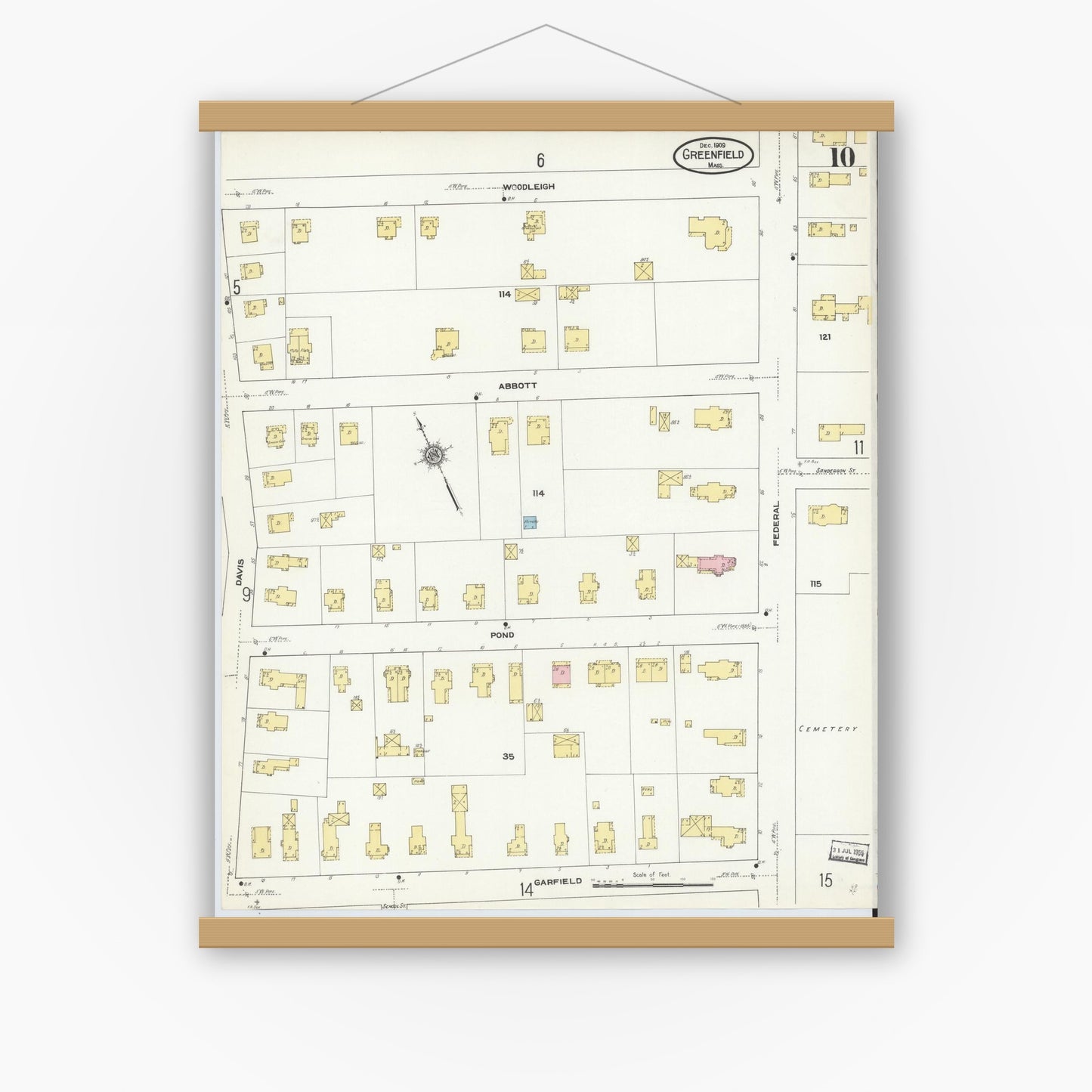 Old map wall art mockup — magnetic wood frame on white wall — Sanborn Fire Insurance Map from Greenfield, Franklin County, Massachusetts (1909), Sheet #0010