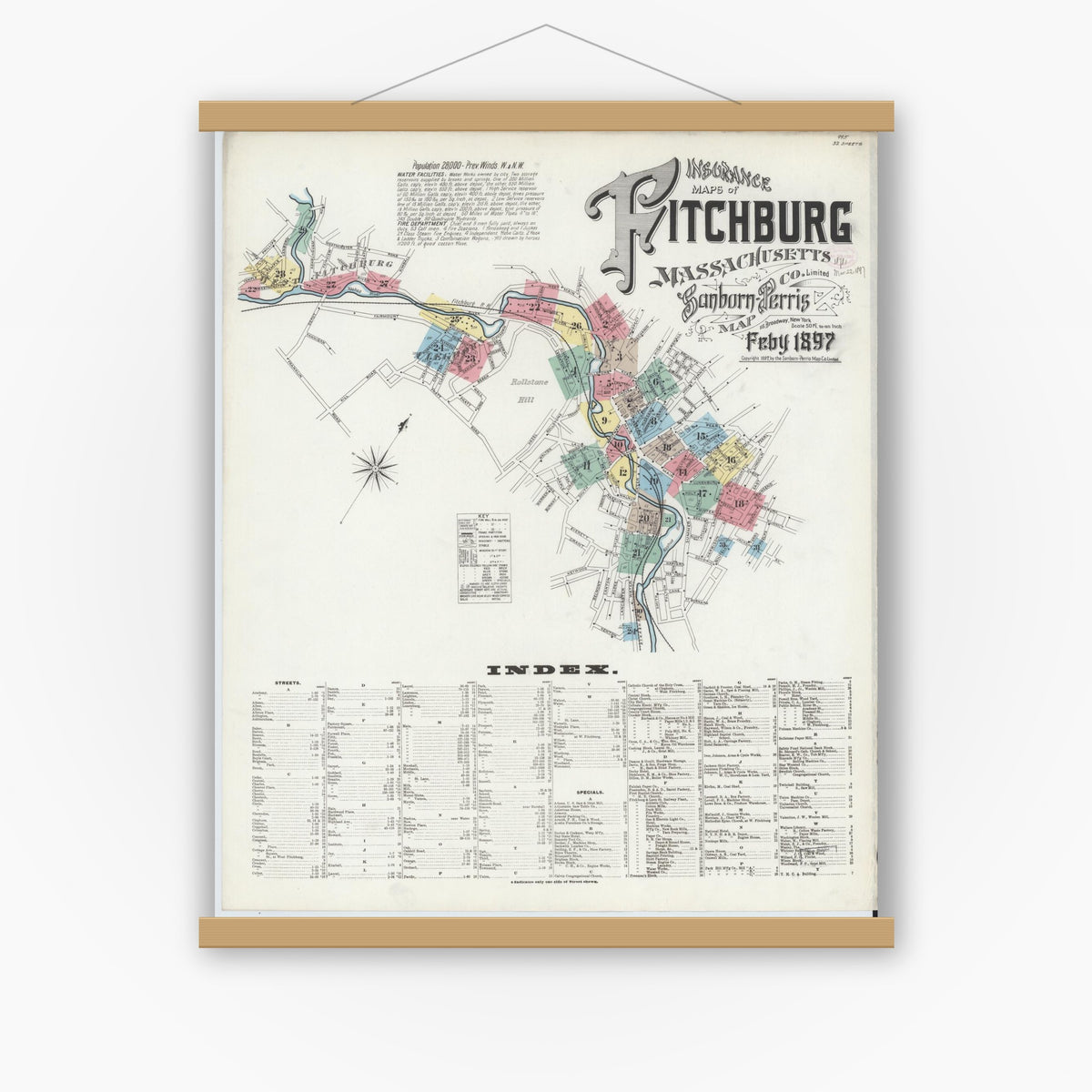 Old map wall art mockup — magnetic wood frame on white wall — Sanborn Fire Insurance Map from Fitchburg, Worcester County, Massachusetts (1897) - Complete Map Set