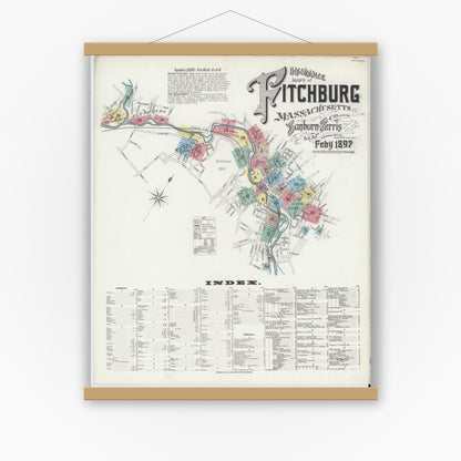 Old map wall art mockup — magnetic wood frame on white wall — Sanborn Fire Insurance Map from Fitchburg, Worcester County, Massachusetts (1897) - Complete Map Set