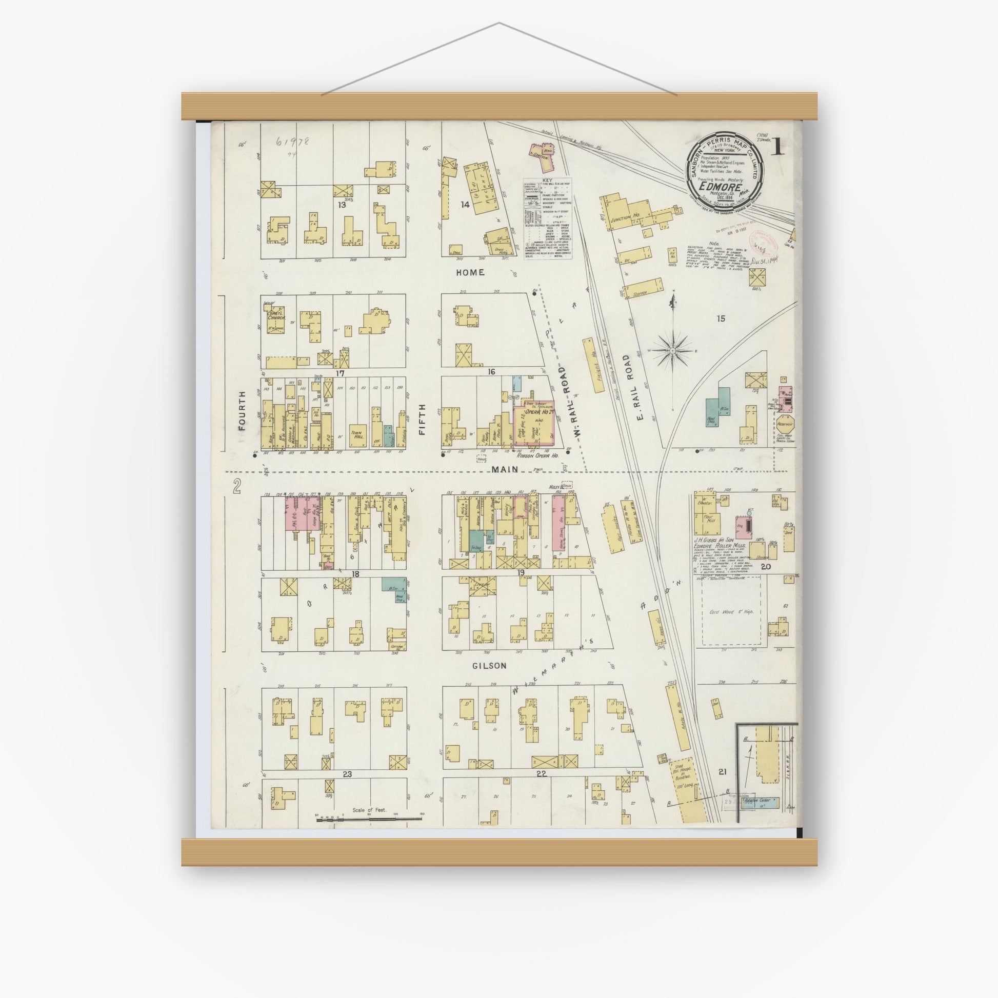Old map wall art mockup — magnetic wood frame on white wall — Sanborn Fire Insurance Map from Edmore, Montcalm County, Michigan (1894) - Complete Map Set