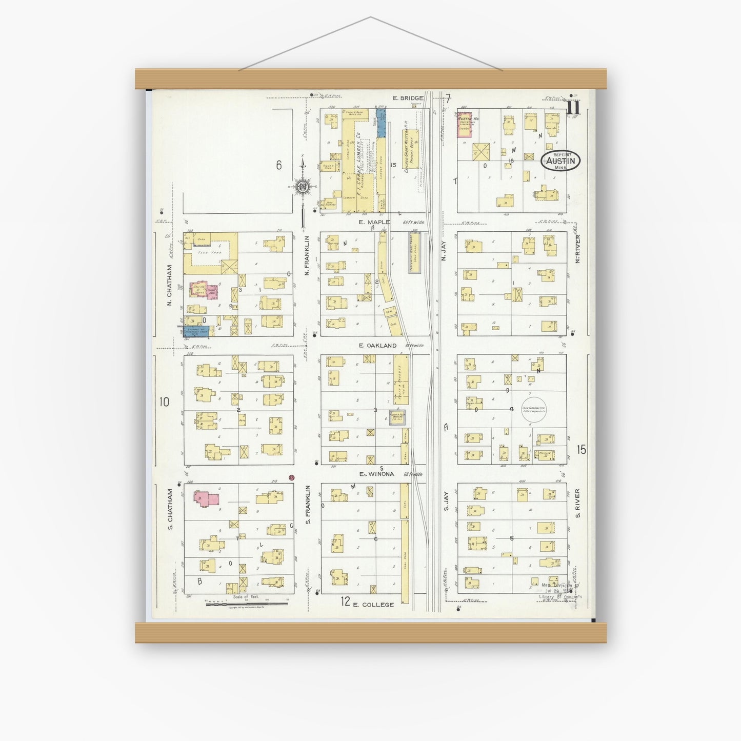 Old map wall art mockup — magnetic wood frame on white wall — Sanborn Fire Insurance Map from Austin, Mower County, Minnesota (1917), Sheet #0011