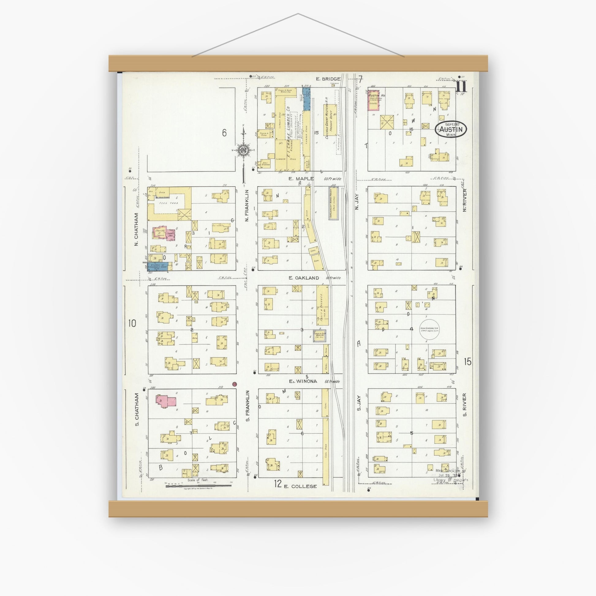 Old map wall art mockup — magnetic wood frame on white wall — Sanborn Fire Insurance Map from Austin, Mower County, Minnesota (1917), Sheet #0011